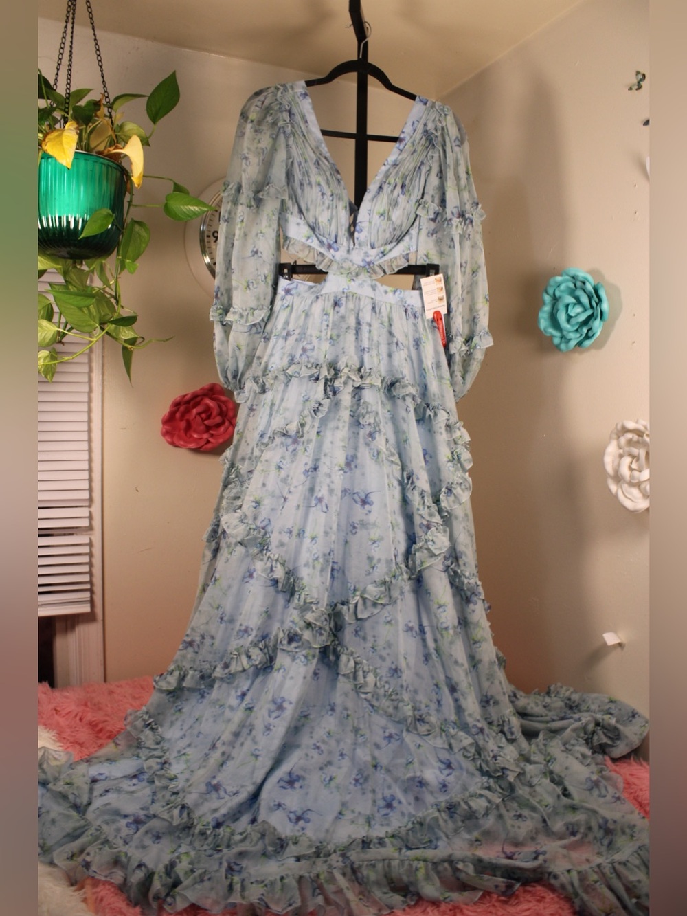 Mac Duggal Blue Floral Ruffle Cutout Maxi Dress Size 0 NWT MSRP $398